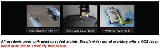 Engraving Supplies - spray thin coat & let dry, Bond with a CO2 laser, Wash to reveal mark